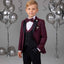 A young boy modeling a formal kids' tuxedo with a burgundy patterned jacket, black vest and trousers, a matching burgundy bow tie, and a white dress shirt. The background is a gray studio setting decorated with silver balloons.