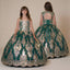 Emerald green girls ball gown with gold glitter lace embroidery, full princess skirt, lace-up open back, and floor-length formal design shown from front and back views.