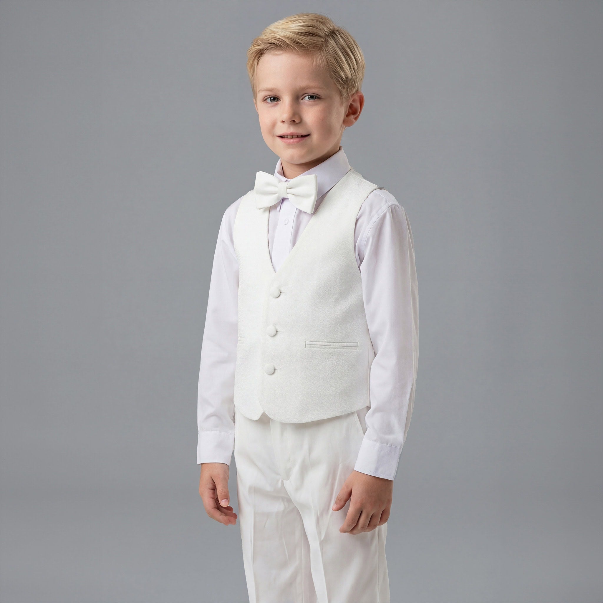 A young boy modeling a formal white boy's suit set, including a white vest, matching white trousers, a white dress shirt, and a white bow tie, against a solid gray studio background.