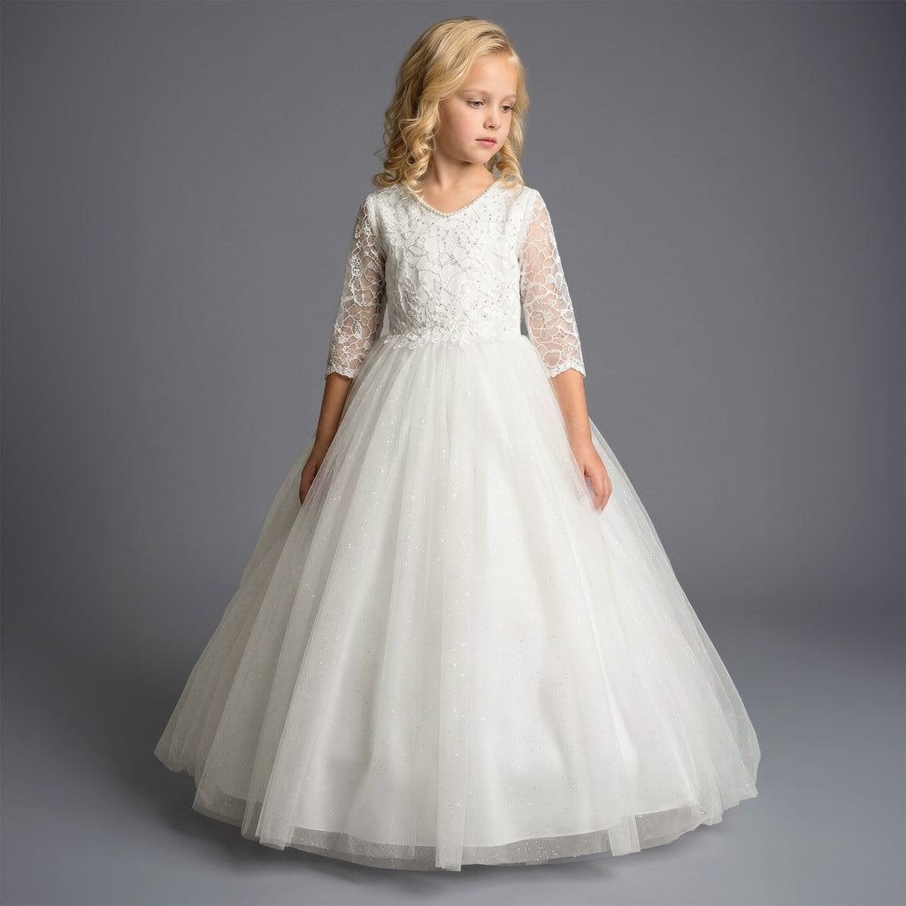 Girls White or Ivory Lace Glitter Formal Dress with 3/4 Sleeves