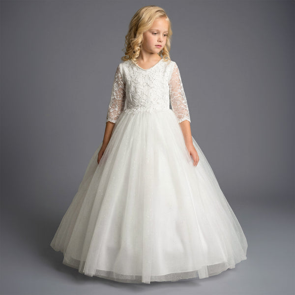 Girls White or Ivory Lace Glitter Formal Dress with 3/4 Sleeves