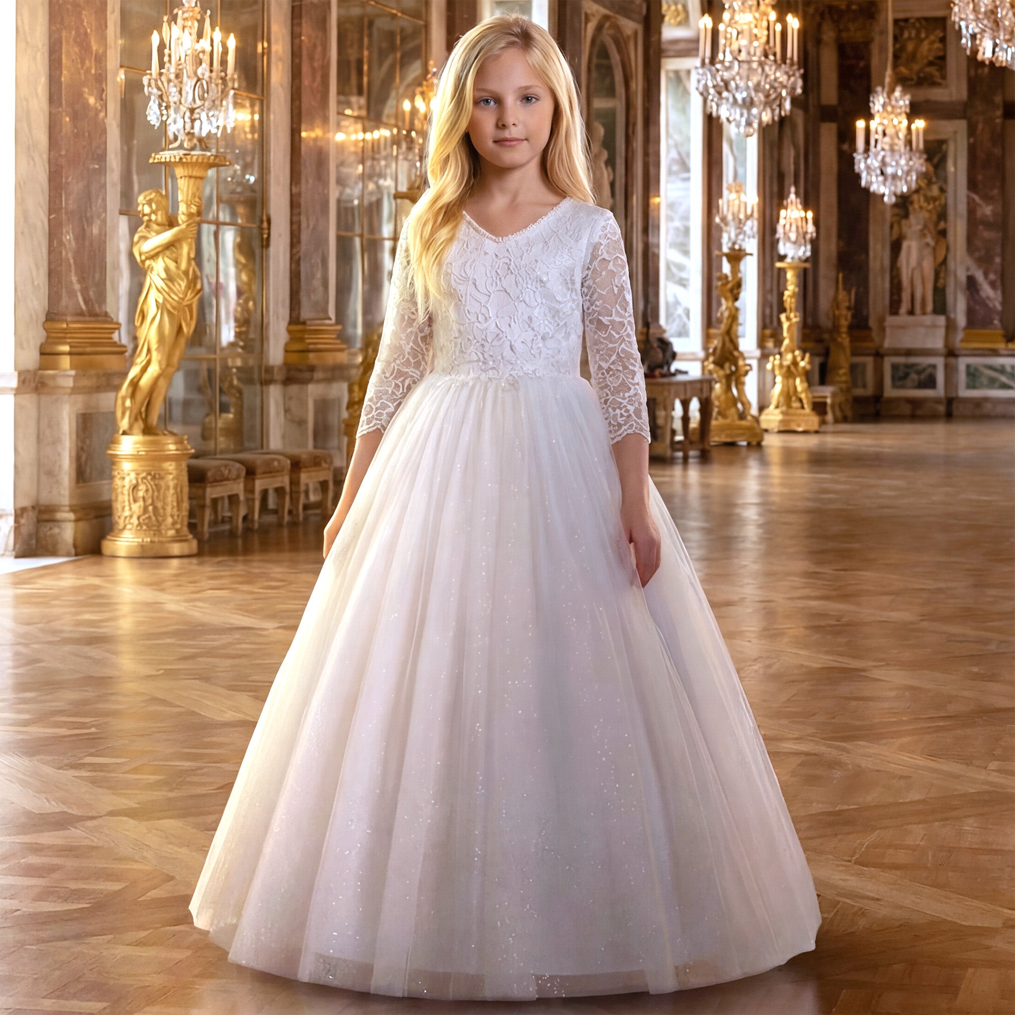 Girls White or Ivory Lace Glitter Formal Dress with 3/4 Sleeves Main image