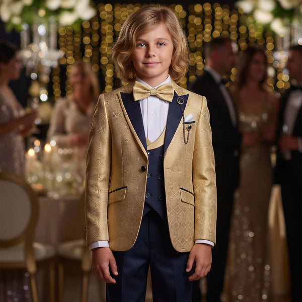 Boys Gold Jacquard Tuxedo Suit | Navy Blue Formal Suit | Ring Bearer Outfit | Wedding Tuxedo for Boys