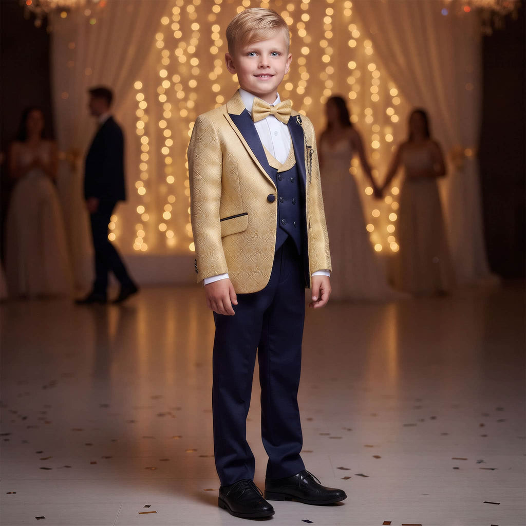 Boys Gold Jacquard Tuxedo Suit | Navy Blue Formal Suit | Ring Bearer Outfit | Wedding Tuxedo for Boys