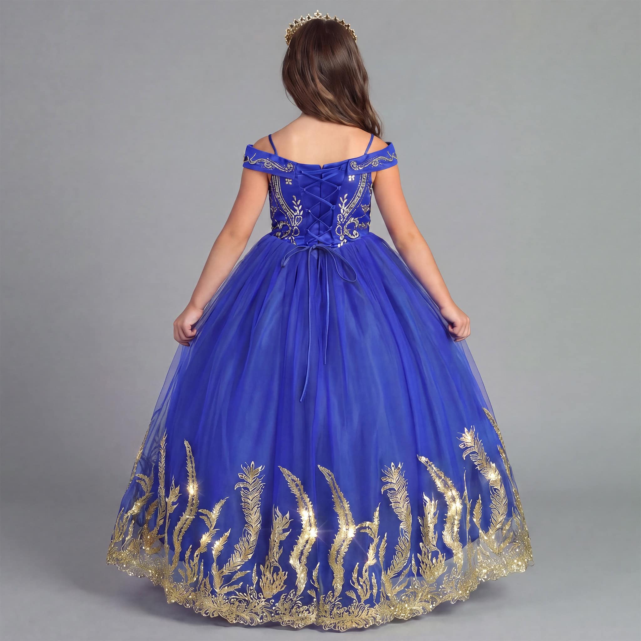 Royal Blue Girls Princess Ball Gown with Gold Embroidery & Rhinestone Bodice Secondary image