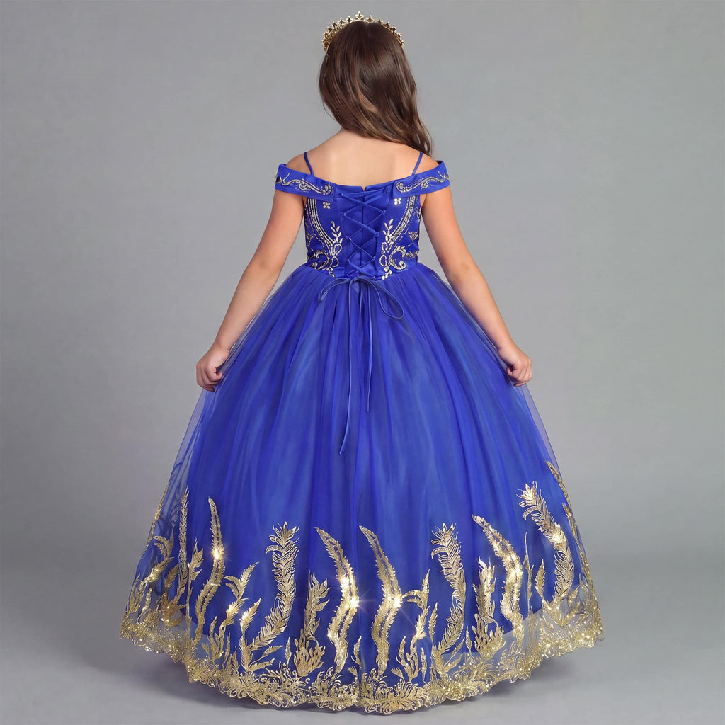 Royal Blue Girls Princess Ball Gown with Gold Embroidery & Rhinestone Bodice