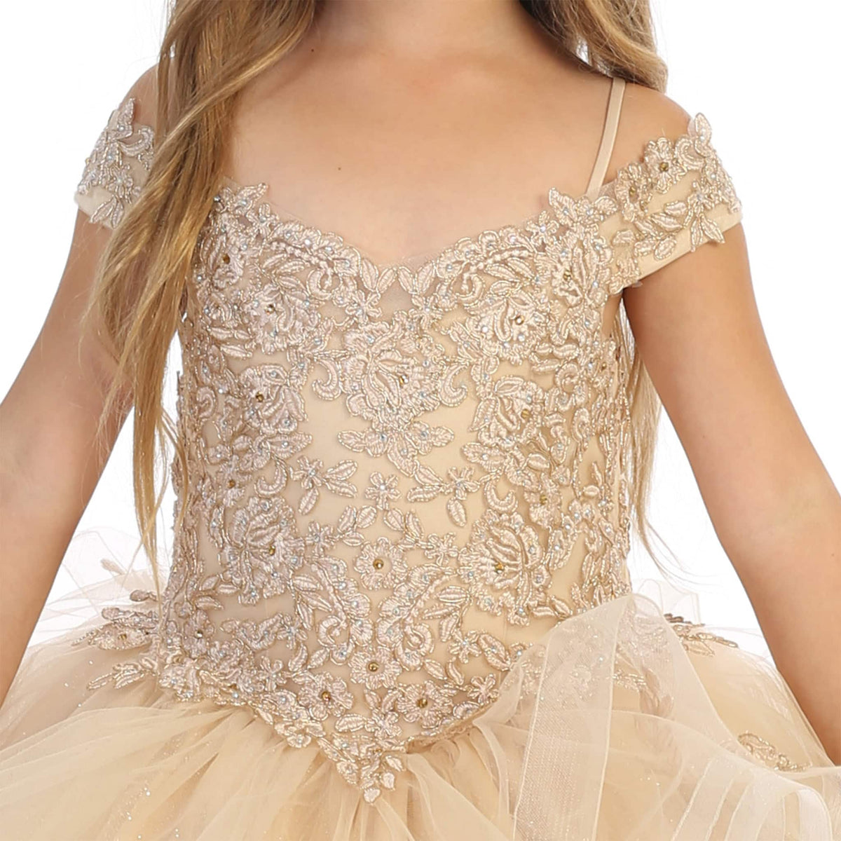 Girls' Champagne or Baby Blue Ball Gown Dress, Sparkly Princess Party Dress, Lace Applique Formal Gown, Corset Back Flower Girl