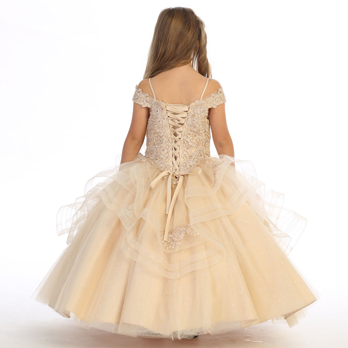 Girls' Champagne or Baby Blue Ball Gown Dress, Sparkly Princess Party Dress, Lace Applique Formal Gown, Corset Back Flower Girl