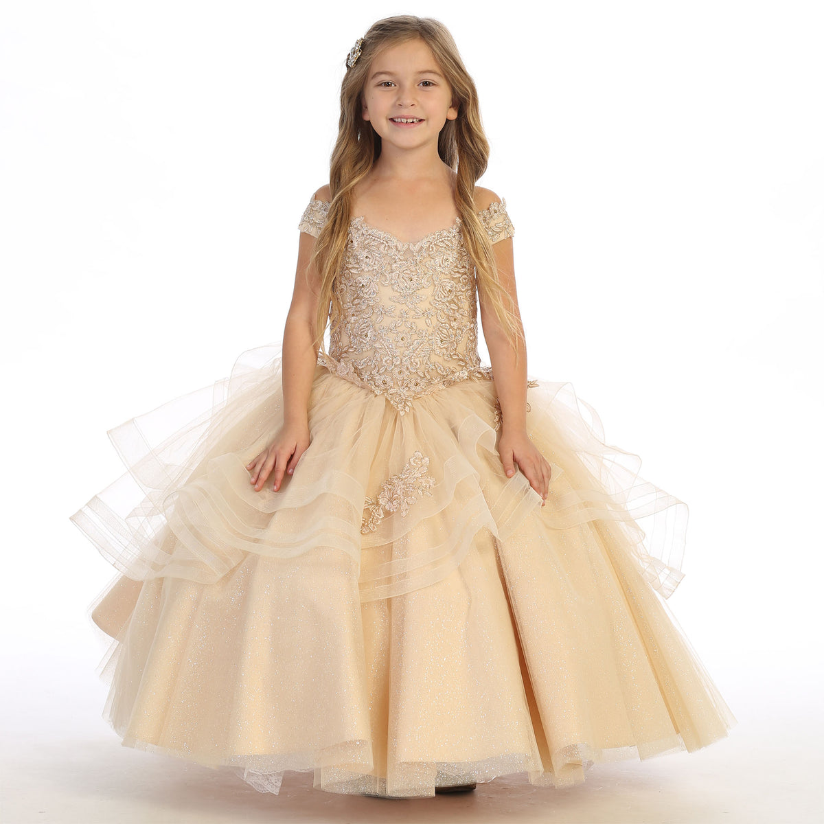 Girls' Champagne or Baby Blue Ball Gown Dress, Sparkly Princess Party Dress, Lace Applique Formal Gown, Corset Back Flower Girl Main image