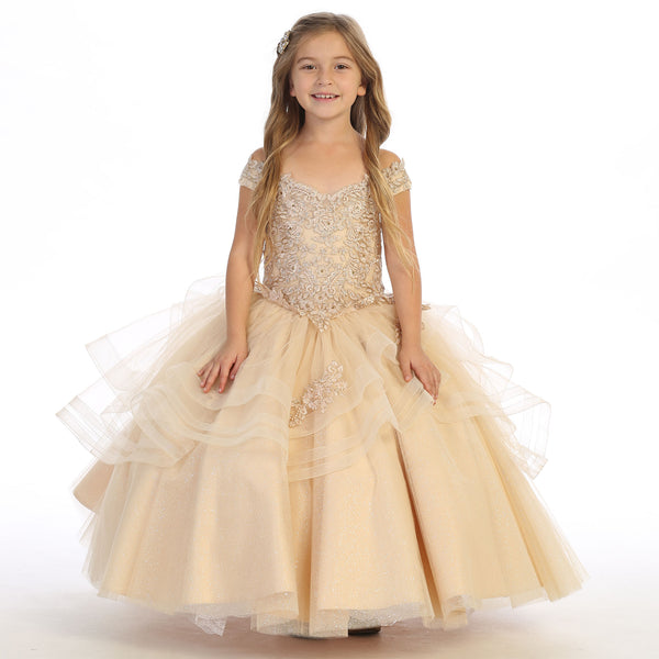 Girls' Champagne or Baby Blue Ball Gown Dress, Sparkly Princess Party Dress, Lace Applique Formal Gown, Corset Back Flower Girl