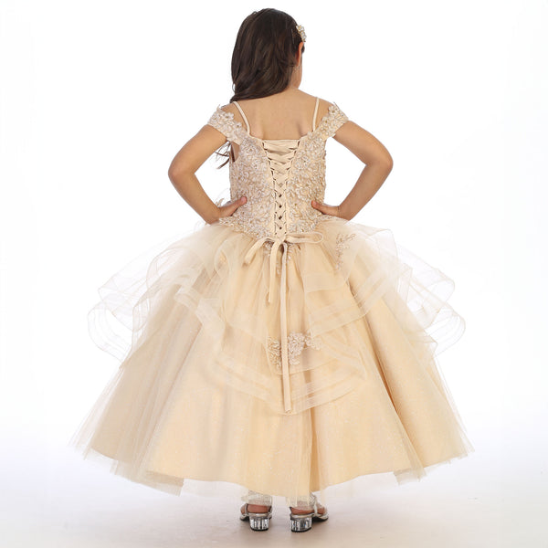 Girls' Champagne or Baby Blue Ball Gown Dress, Sparkly Princess Party Dress, Lace Applique Formal Gown, Corset Back Flower Girl
