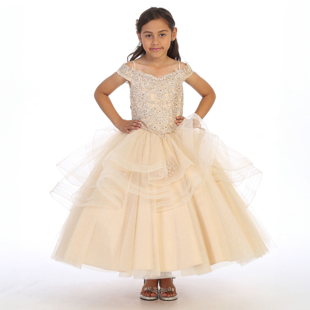 Girls' Champagne or Baby Blue Ball Gown Dress, Sparkly Princess Party Dress, Lace Applique Formal Gown, Corset Back Flower Girl