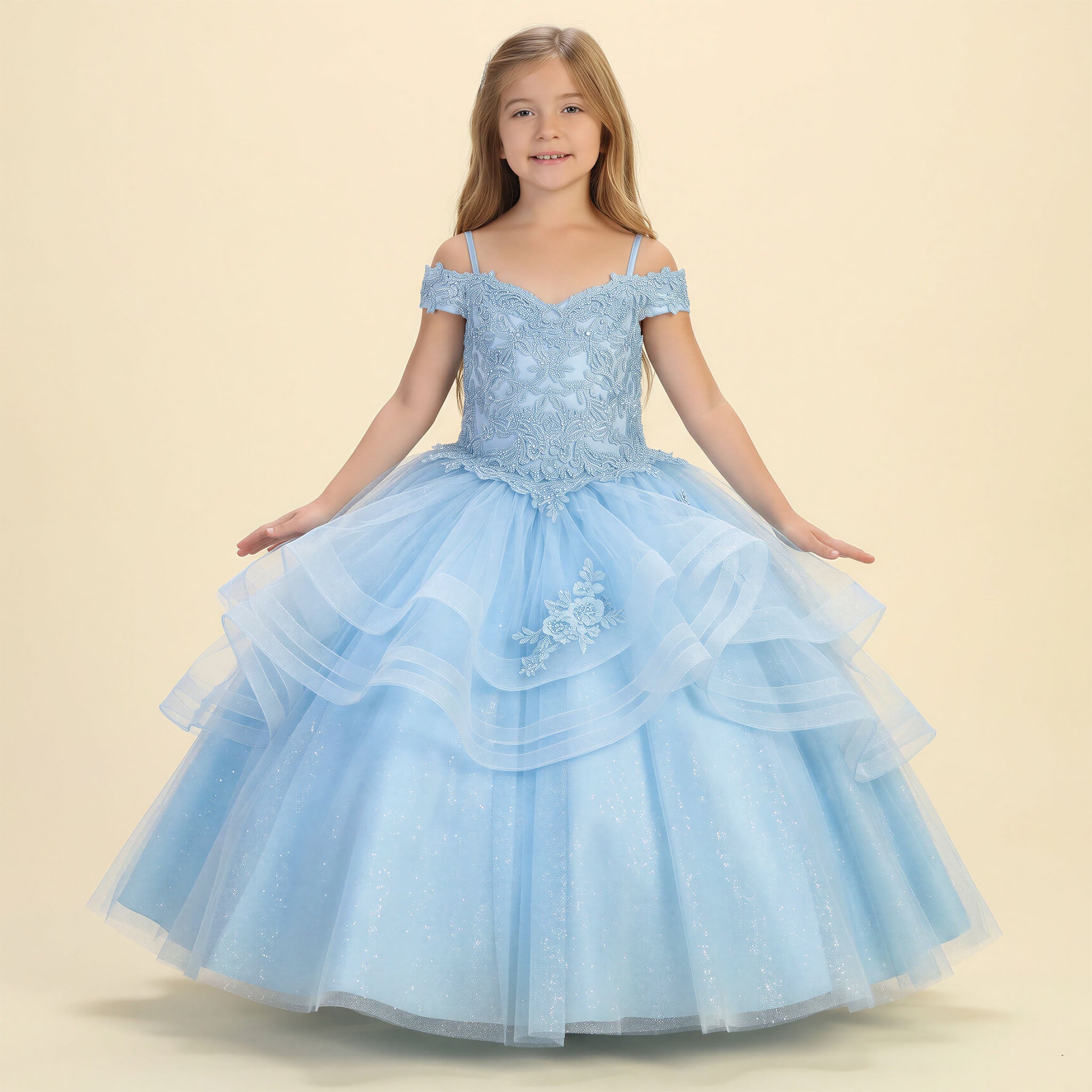 Girls' Champagne or Baby Blue Ball Gown Dress, Sparkly Princess Party Dress, Lace Applique Formal Gown, Corset Back Flower Girl Secondary image