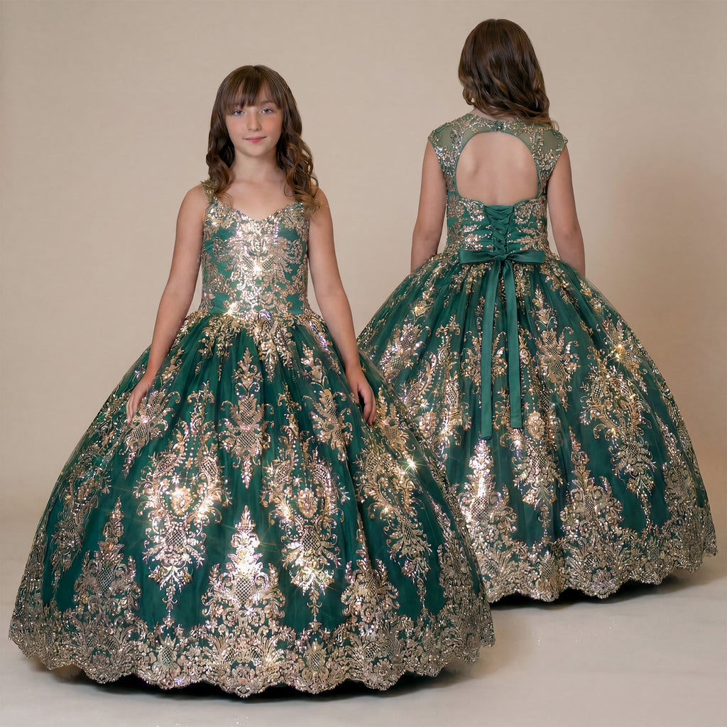 Emerald green girls ball gown with gold glitter lace embroidery, full princess skirt, lace-up open back, and floor-length formal design shown from front and back views.