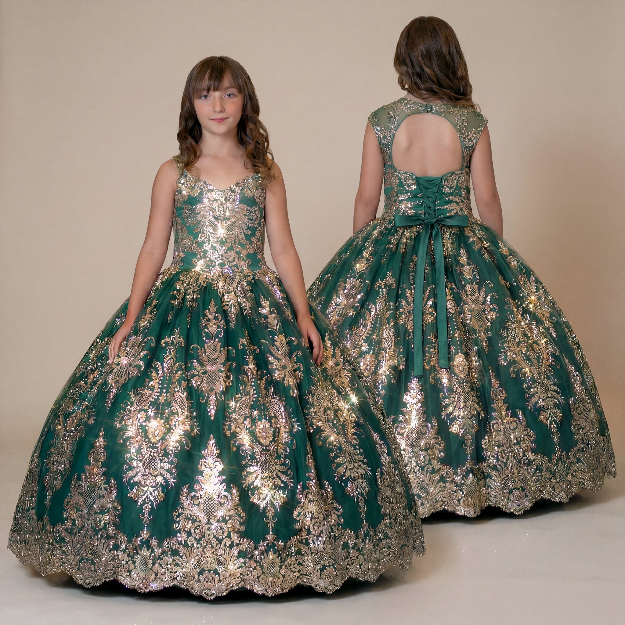 Emerald green girls ball gown with gold glitter lace embroidery, full princess skirt, lace-up open back, and floor-length formal design shown from front and back views.