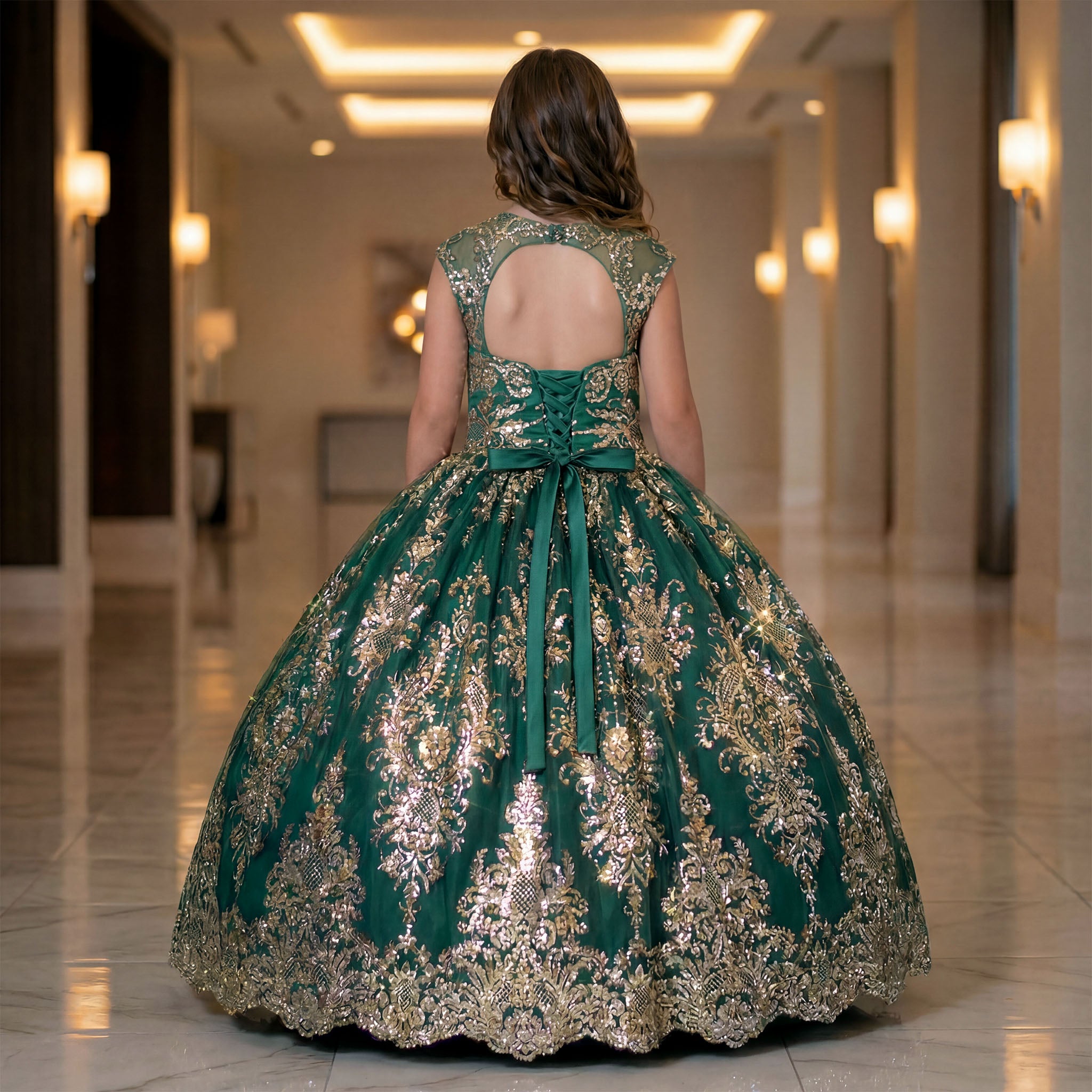 Girls Sequin Ball Gown Dress | Gold Glitter Lace Princess Dress | Flower Girl, Pageant & Quinceañera Dress Secondary image