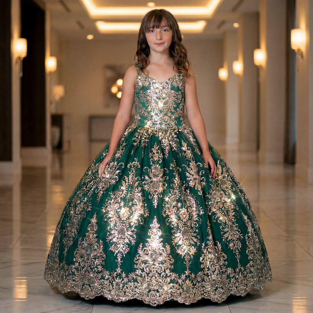Girls Sequin Ball Gown Dress | Gold Glitter Lace Princess Dress | Flower Girl, Pageant & Quinceañera Dress