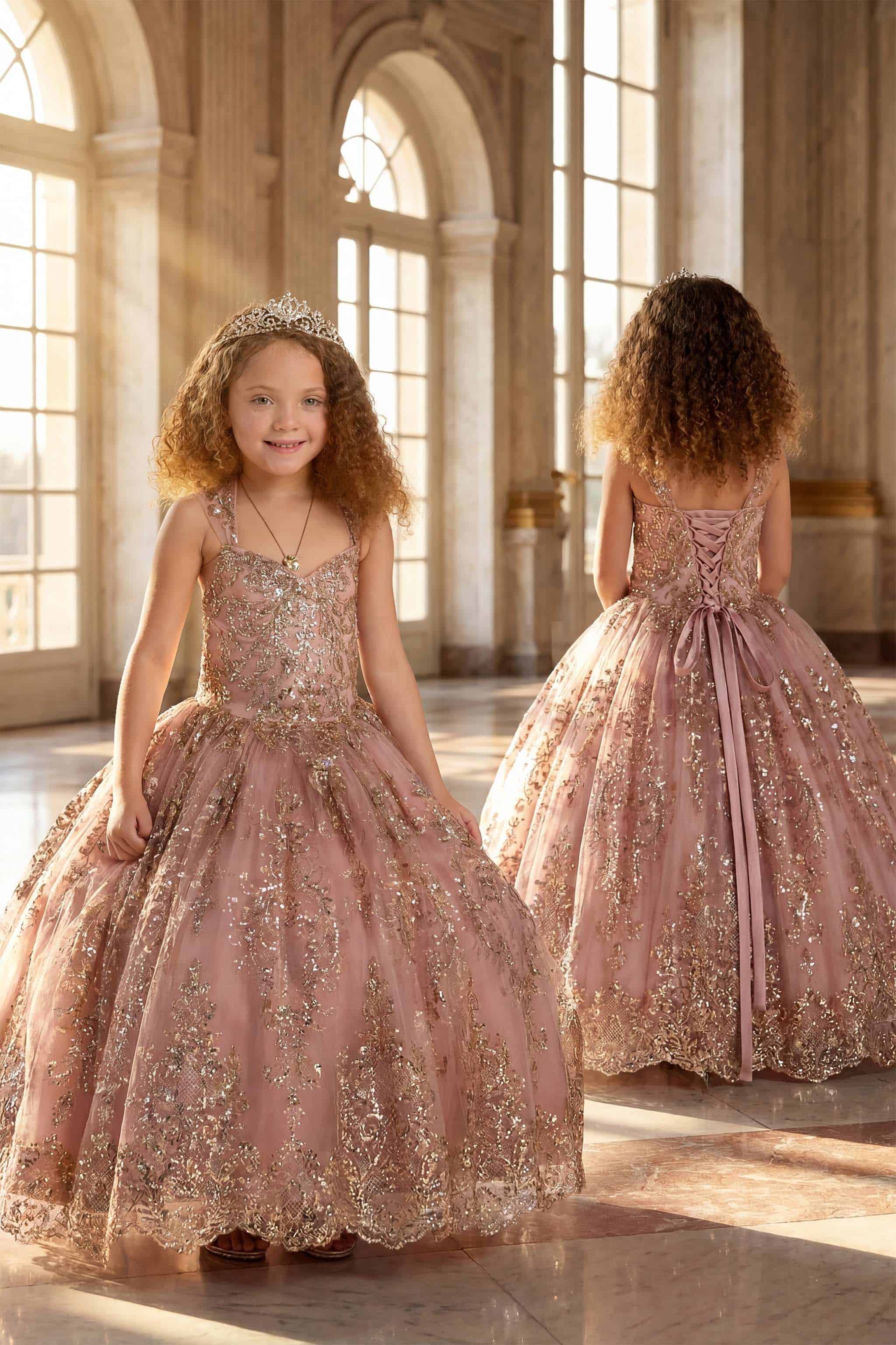 Girls Sequin Ball Gown Dress | Gold Glitter Lace Princess Dress | Flower Girl, Pageant & Quinceañera Dress