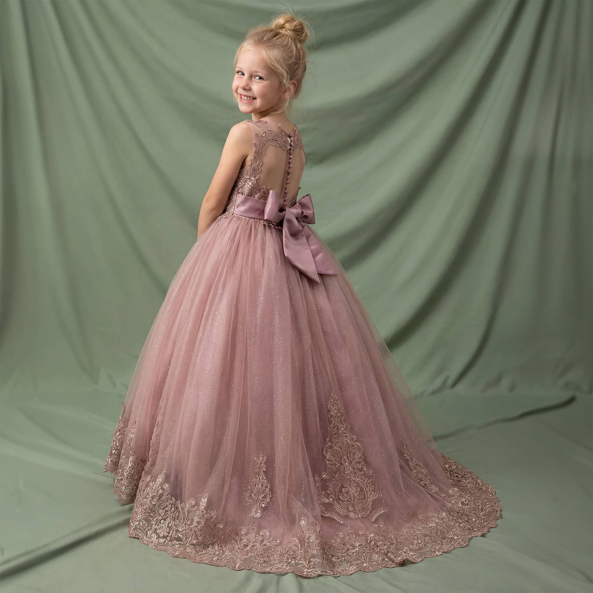 Girls Mauve Embroidered Glitter Tulle Formal Dress with Back Bow Secondary image