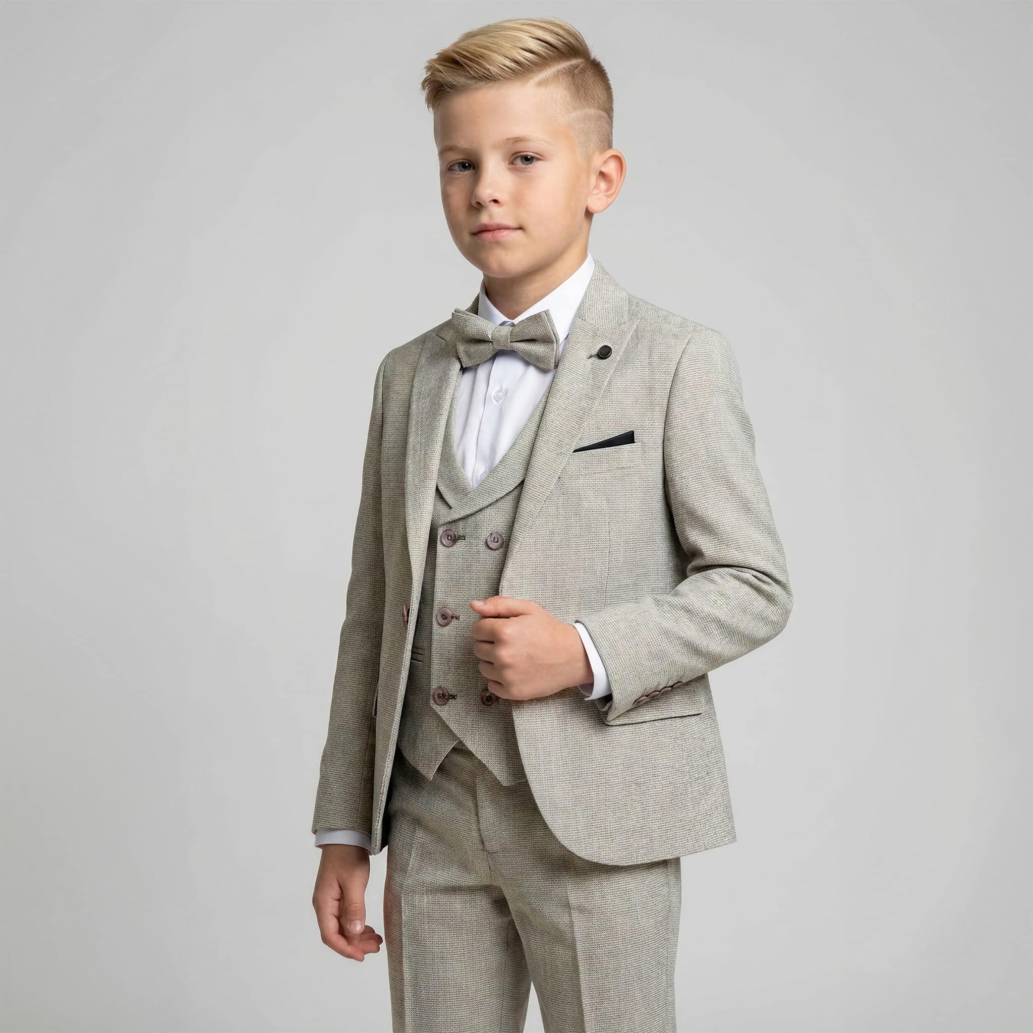 A young boy modeling a light gray three-piece formal suit with a matching bow tie, white dress shirt, and a black pocket square, set against a plain light gray studio background. Main image