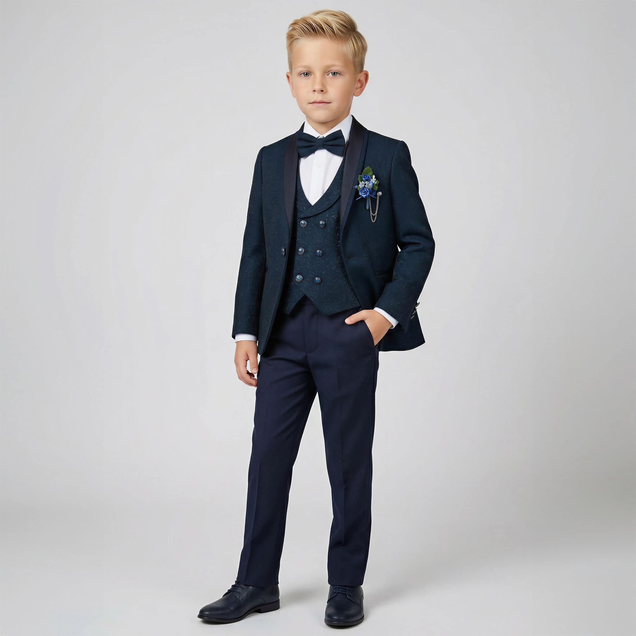 A young boy modeling a navy blue three-piece formal suit with a white shirt, black bow tie, and a matching navy blazer and trousers, set against a plain light gray studio background.