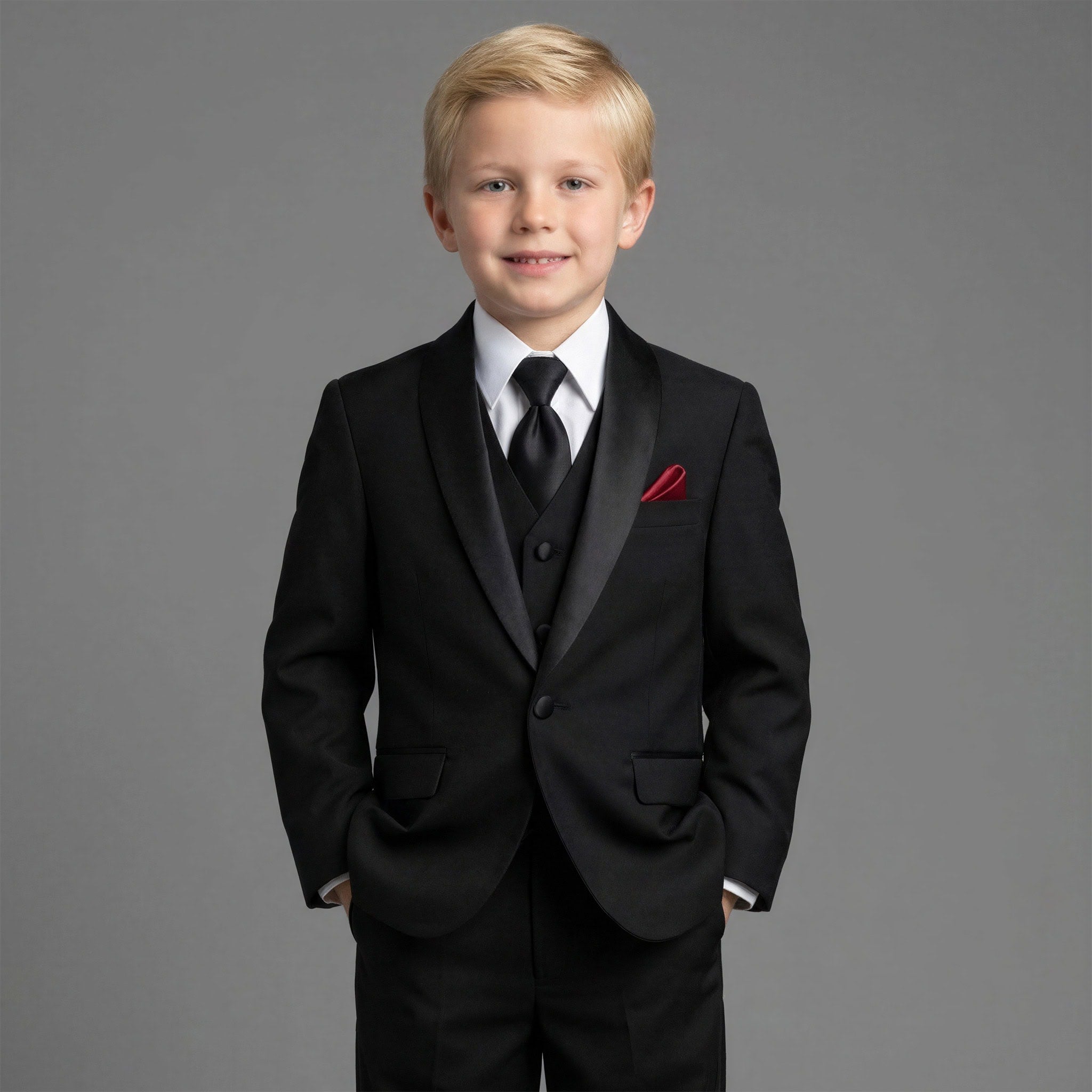 A young blond boy wearing a black formal suit with black satin lapels, a white dress shirt, a black tie, and a red pocket square, standing against a solid gray studio background. Main image