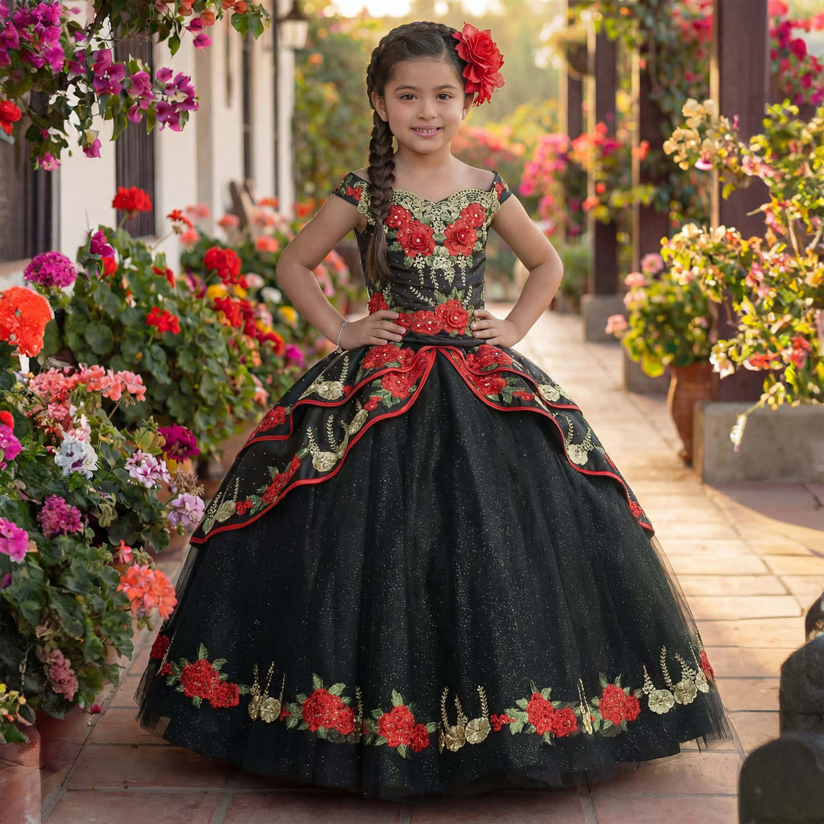 Black & Red or Ivory & Red Charro-Inspired Girl’s Ball Gown with Red Rose Embroidery