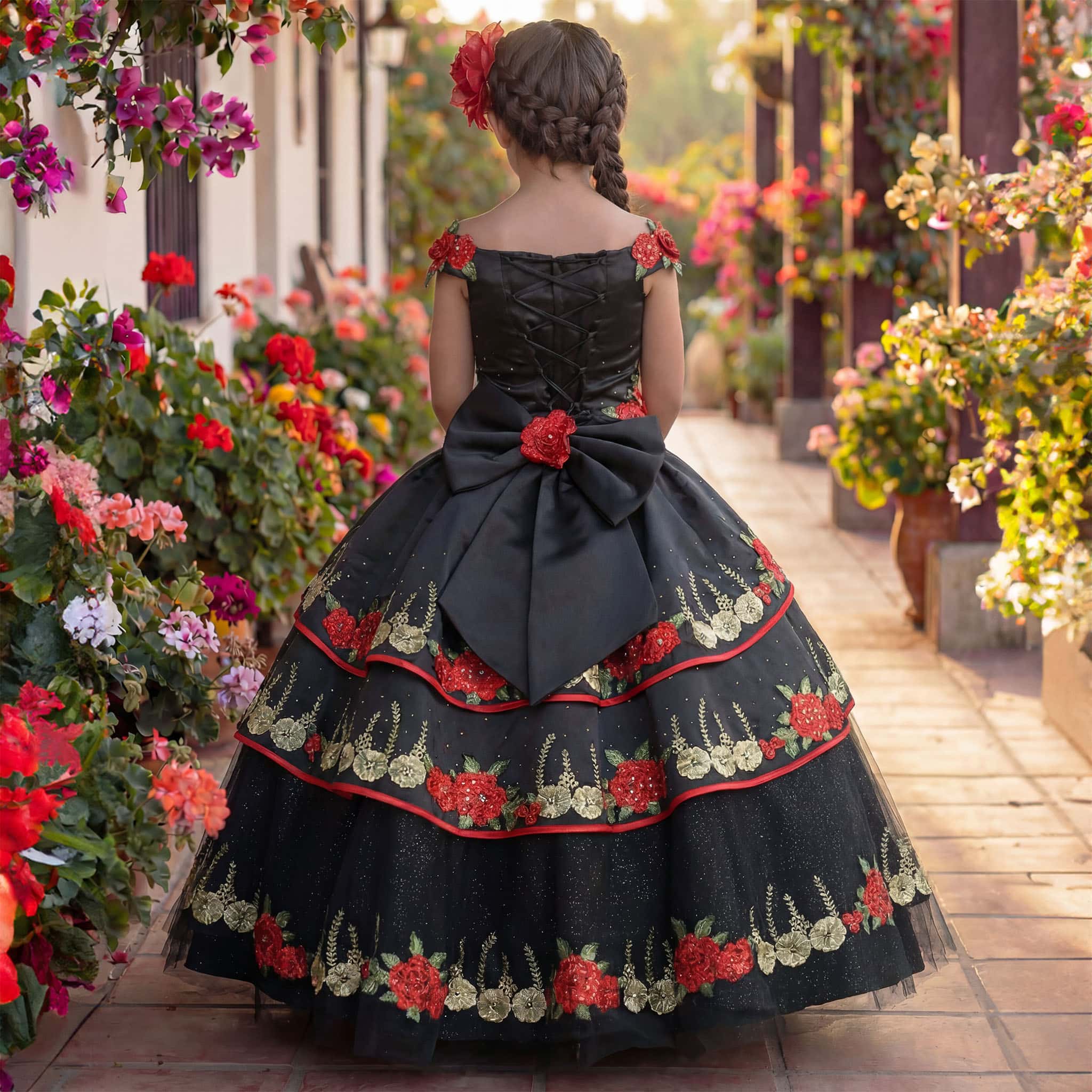 Black & Red or Ivory & Red Charro-Inspired Girl’s Ball Gown with Red Rose Embroidery Secondary image
