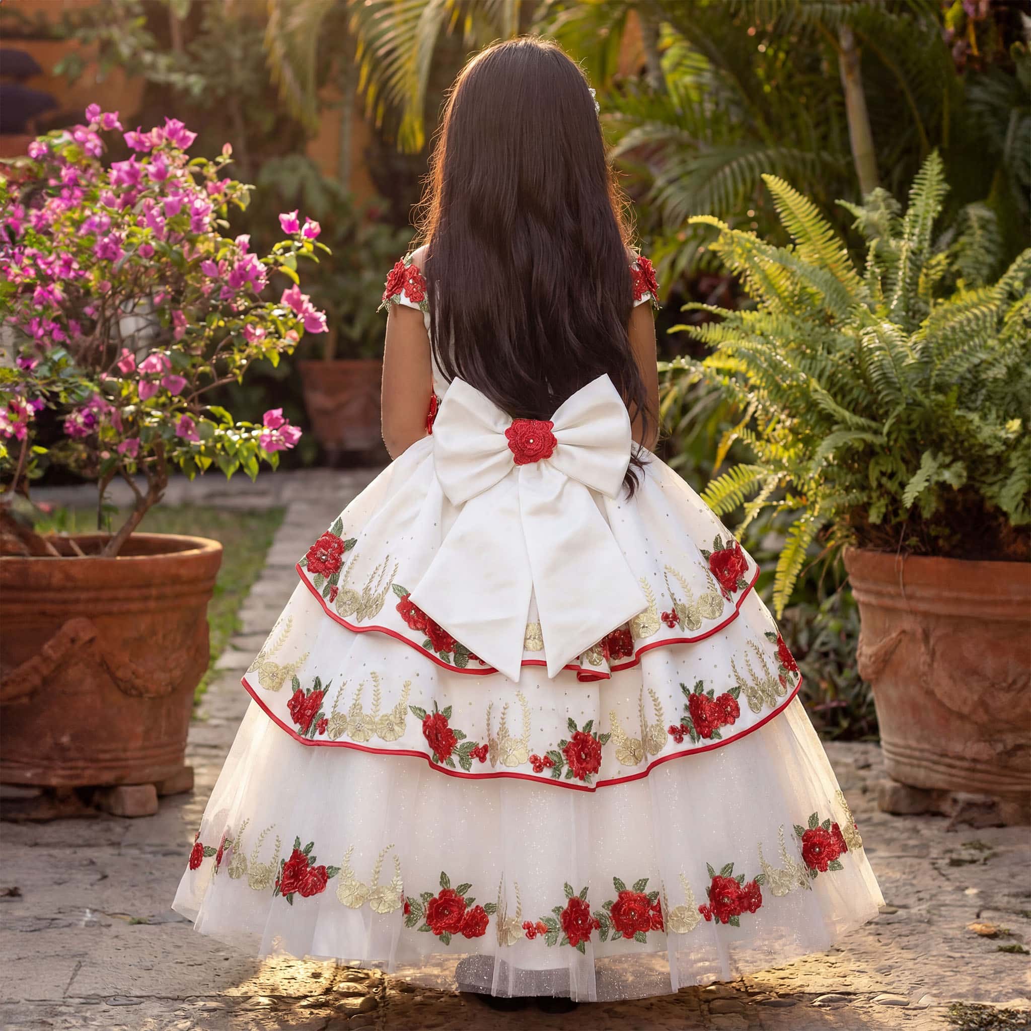 Black & Red or Ivory & Red Charro-Inspired Girl’s Ball Gown with Red Rose Embroidery