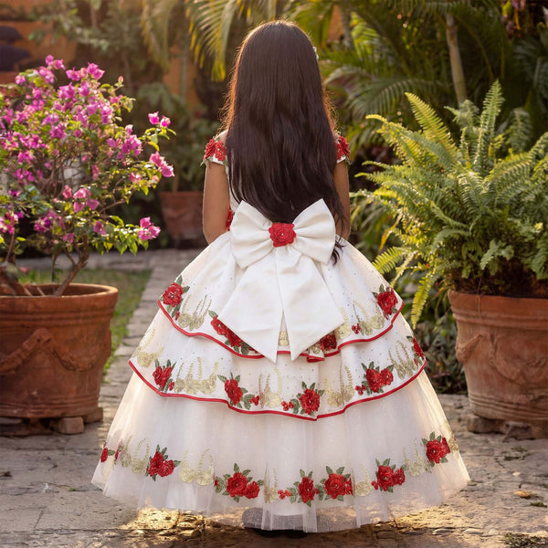 Black & Red or Ivory & Red Charro-Inspired Girl’s Ball Gown with Red Rose Embroidery