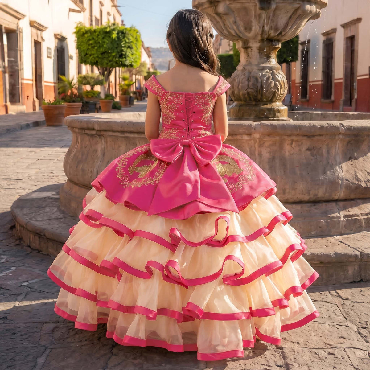 A young girl viewed from behind wearing a formal ball gown in an outdoor plaza with a stone fountain. The dress is bright pink with gold embroidery on the bodice and a large bow at the back, layered over a voluminous cream tulle skirt with pink ruffle trim.
