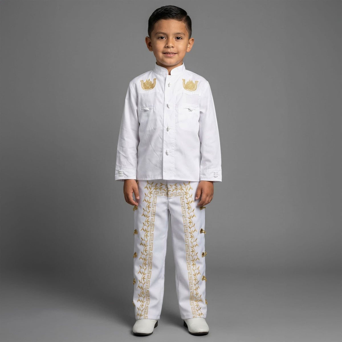 White & Gold Boys Charro Suit with Sombrero – Traditional Mariachi Outfit