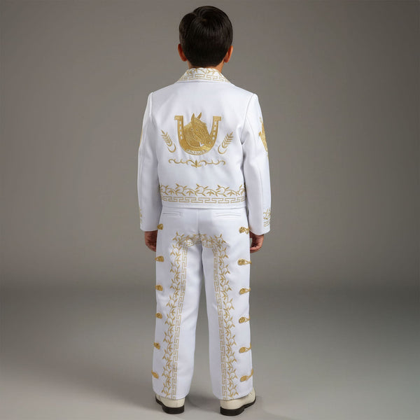 White & Gold Boys Charro Suit with Sombrero – Traditional Mariachi Outfit