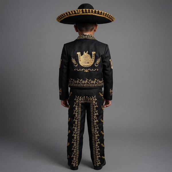 Boys Black Gold Charro Suit with Sombrero | Mexican Mariachi Outfit | Fiesta, Wedding & Charro Costume