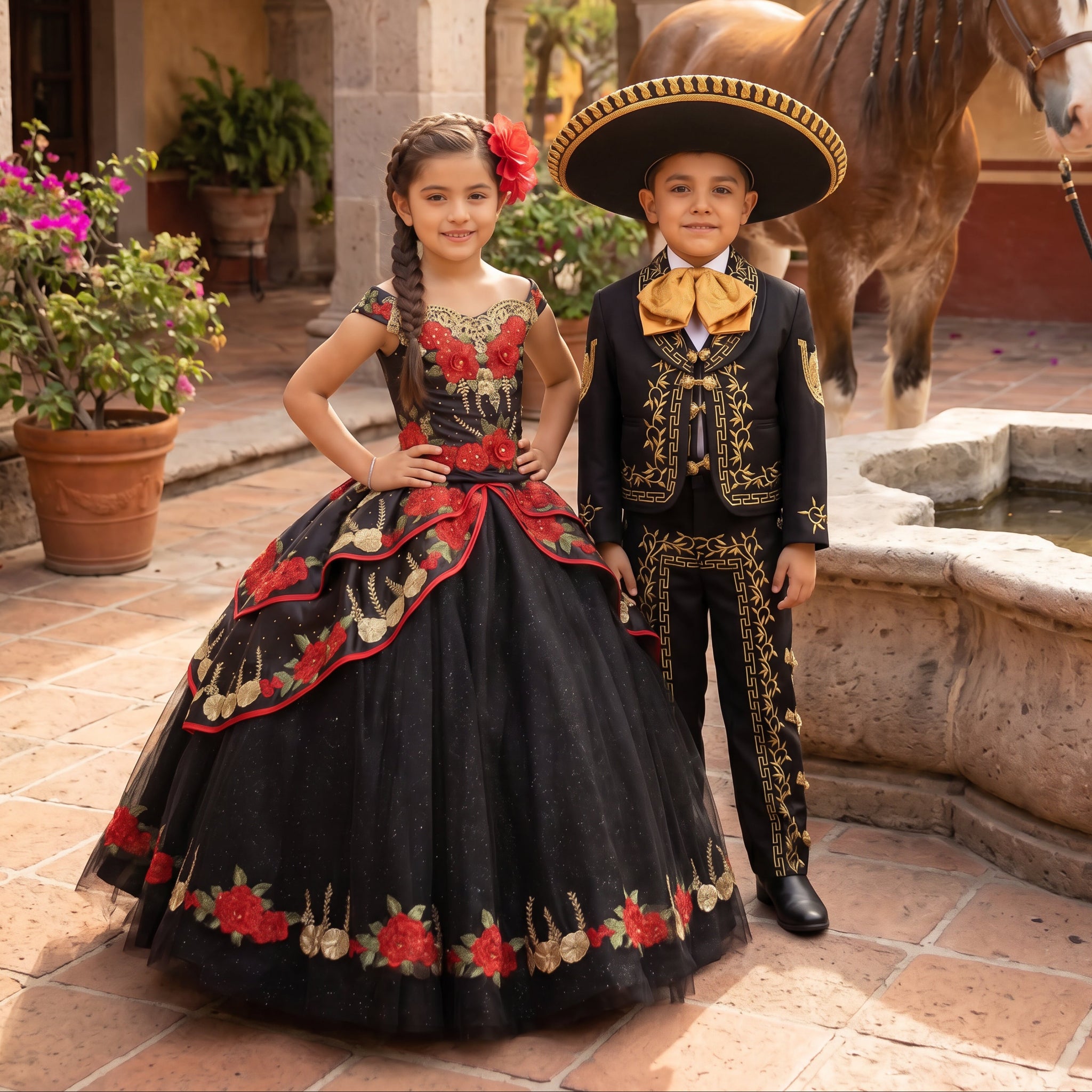 a girl wearing a black charro modern dress with red roses and a boy wearing a black with gold charro. Both standing in front of a Fountain 