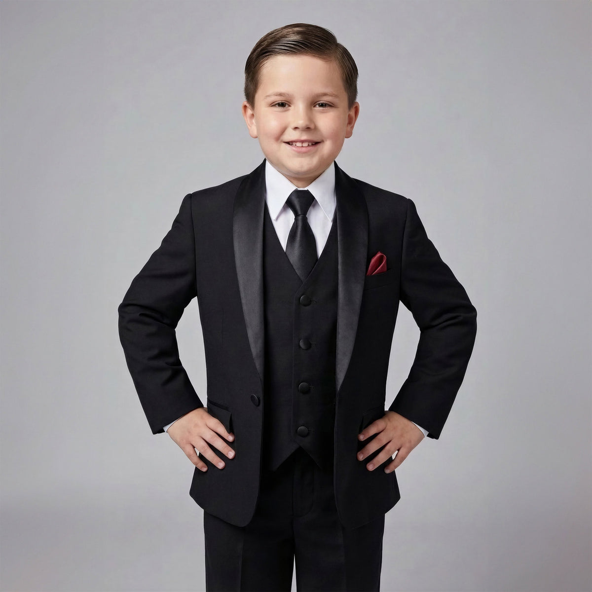 A young boy modeling a black formal three-piece suit with satin lapels, a white dress shirt, a black tie, and a red pocket square, posed against a solid gray studio background. Main image