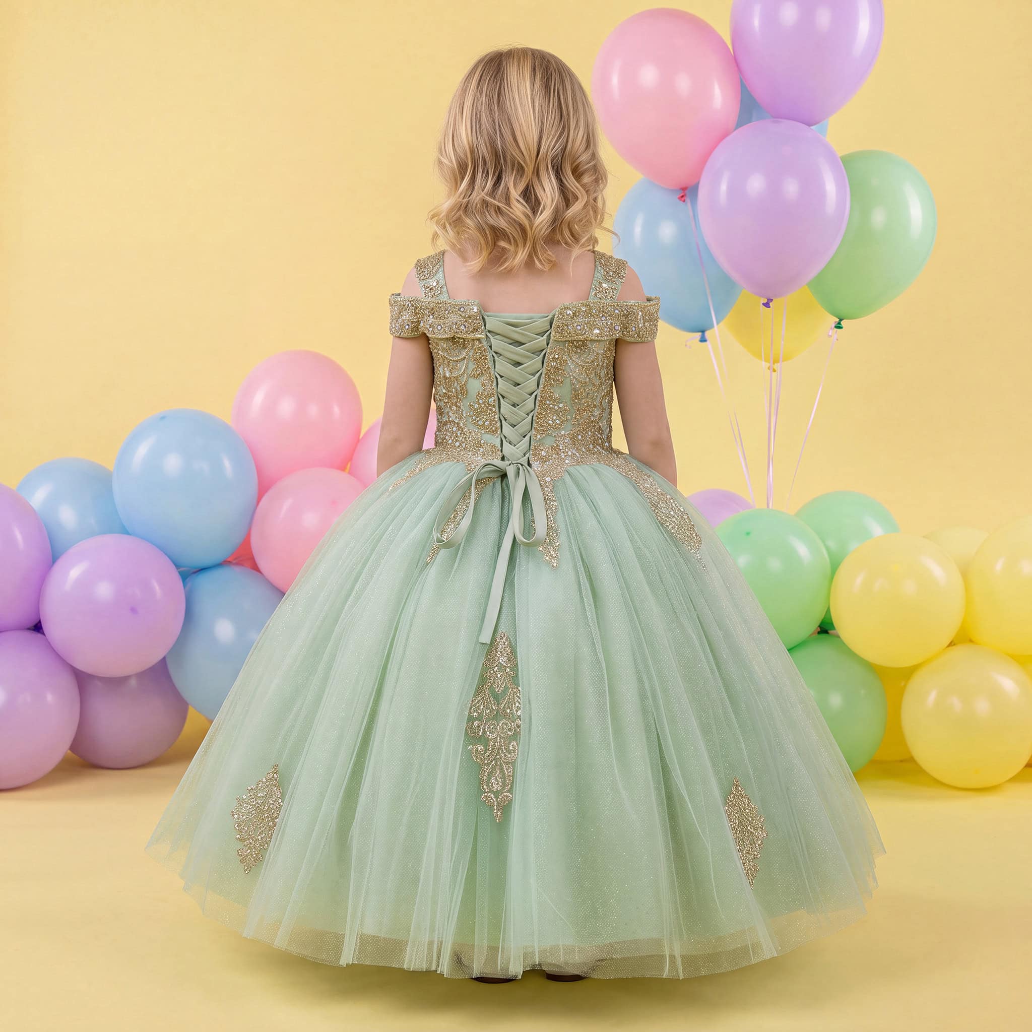 Sage Green Girls Princess Dress with Gold Embroidery Secondary image