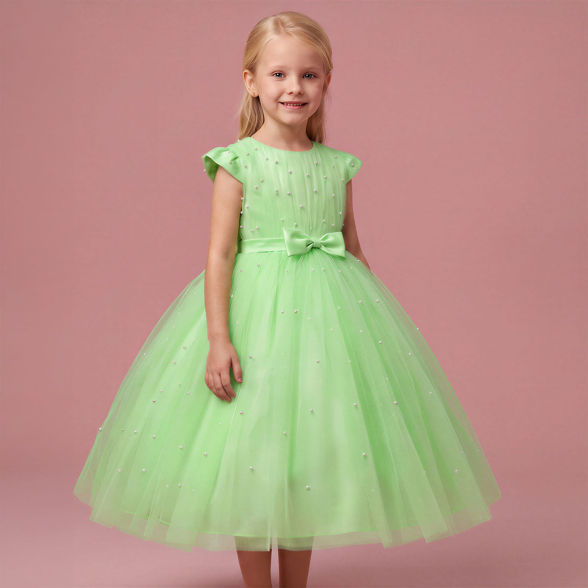 Girls Mint Green Pearl Embellished Tulle Formal Dress Main image