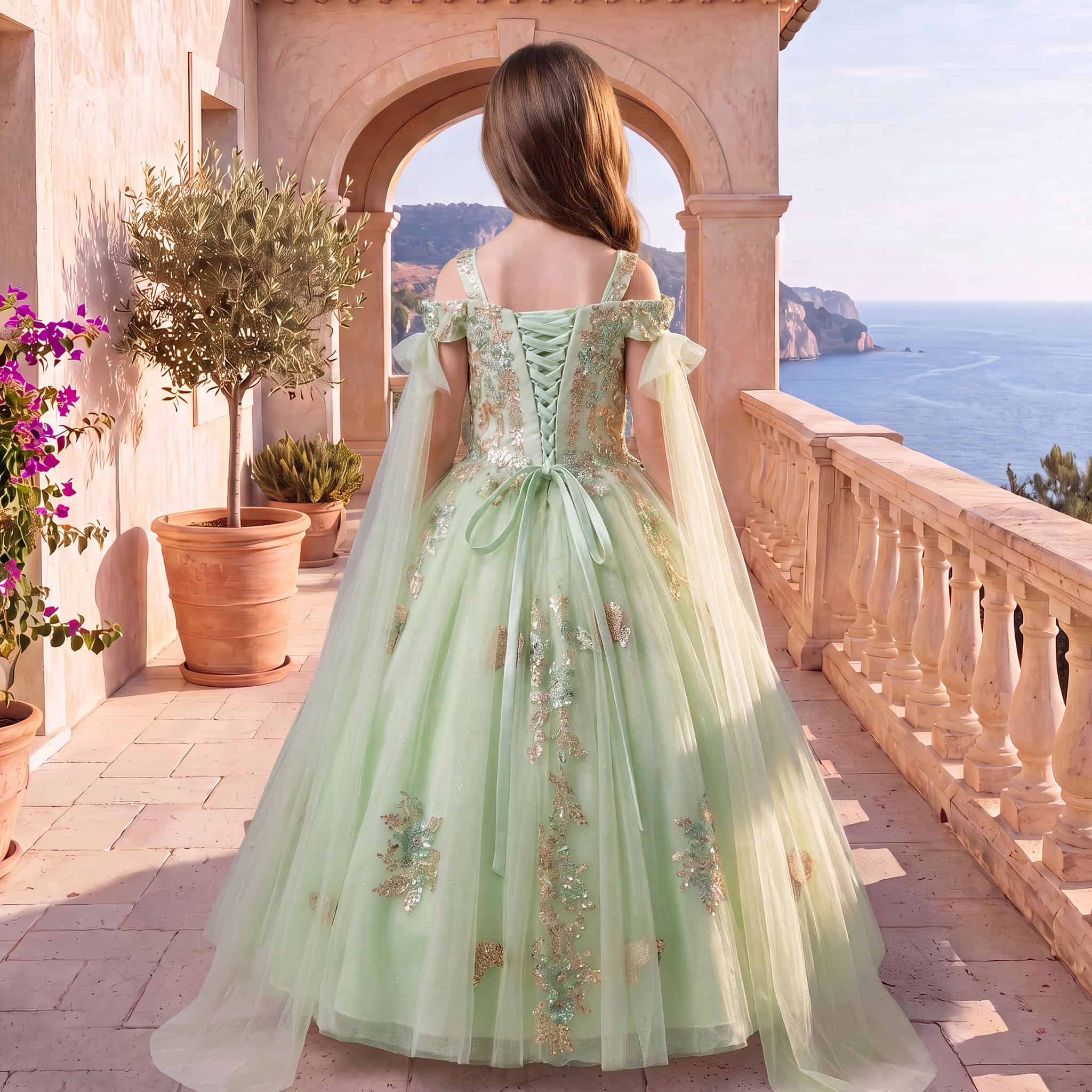 Girls Sage Green Princess Ball Gown with Gold Embroidery & Sequin Butterfly Details Secondary image