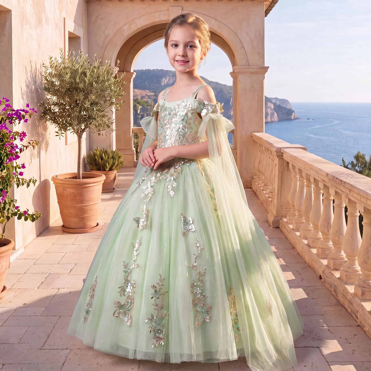 A young girl stands on a sunlit stone terrace wearing a pale mint green ball gown with silver floral embroidery and sheer bow details. The background features an archway, potted plants, and a scenic view of the sea. Main image