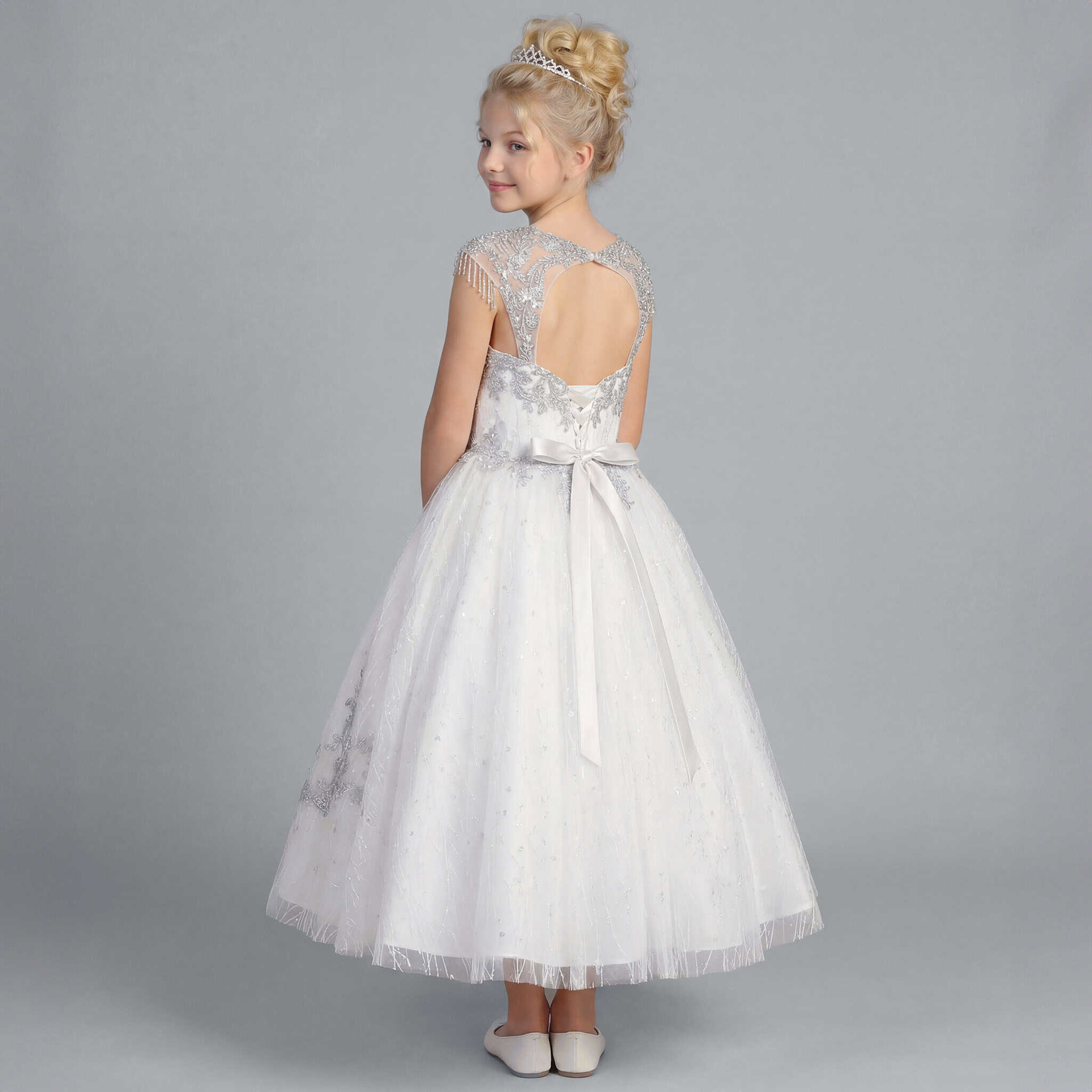 Girls White and Silver Embroidered Formal Dress with Open Back Secondary image